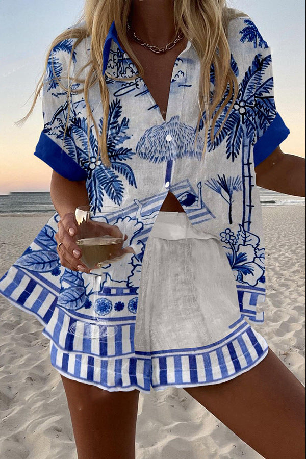 Zanika™ | Short Linen Palm Print Set