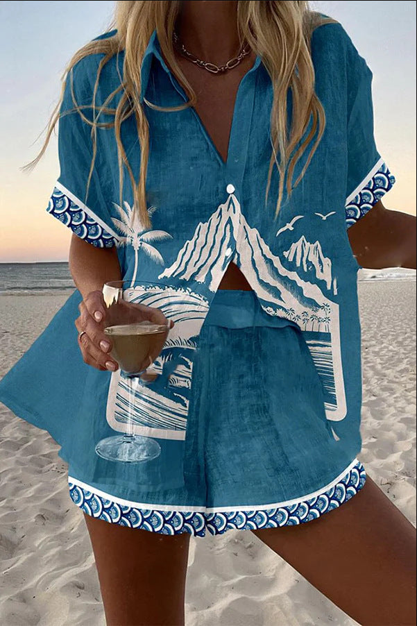 Virina™ | Short Linen Set with Mount Fuji Print