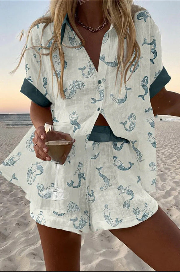 Jalira™ | Short Linen Mermaid Print Set